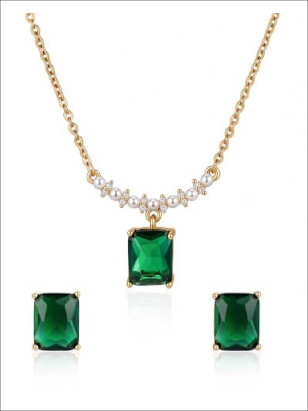 14K Gold Plated Emerald Necklace Earrings Set Vintage Jewelry for Women